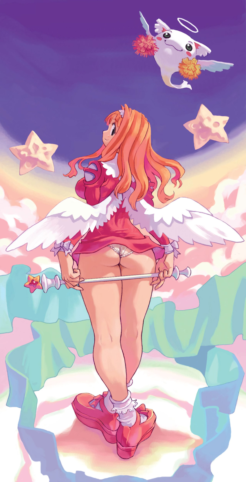 absurdres ass baton black_eyes creature crossed_ankles feathered_wings full_body hairband highres holding long_hair looking_at_viewer looking_back miniskirt non-web_source orange_hair original panties profile red_footwear ryoji_(nomura_ryouji) skirt smile solo standing star two-handed underwear white_legwear white_panties white_wings wings