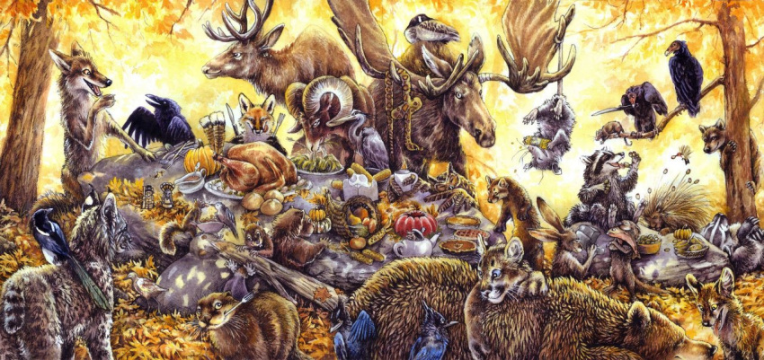 2008 ambiguous_gender avian bear bird canine cervine corvid feline feral food fox group kenket mammal mustelid otter procyonid raccoon traditional_media_(artwork) tree wolf