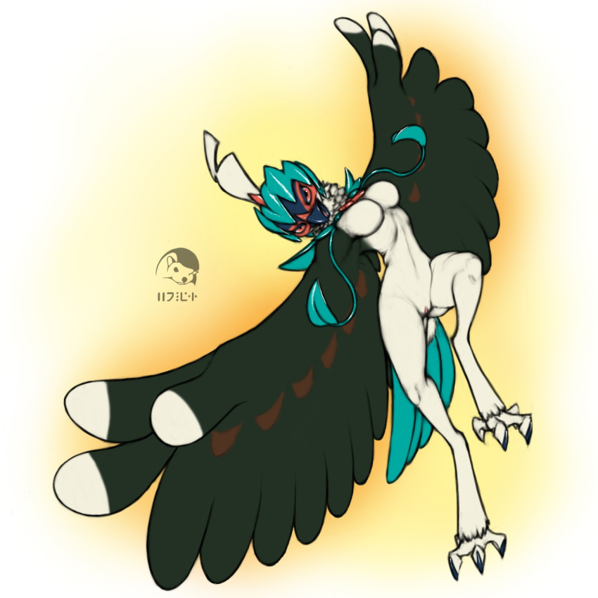 anthro anthrofied avian breasts claws decidueye digitigrade feathers female flying half-closed_eyes looking_at_viewer nintendo nude open_mouth orange_eyes pok&eacute;mon pok&eacute;mon_(species) pussy solo video_games winged_arms wings yojek163