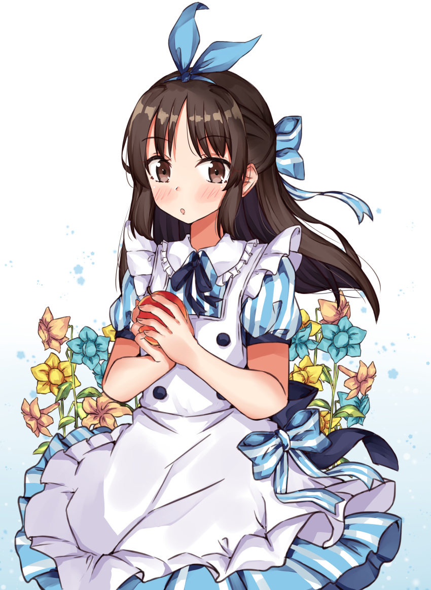 :o absurdres apron bangs blue_bow blue_flower blue_ribbon blush bow brown_eyes brown_flower brown_hair commentary_request dress eyebrows_visible_through_hair fingernails flower food frilled_apron frills fruit hair_bow hair_ribbon hands_up highres holding holding_food holding_fruit idolmaster idolmaster_cinderella_girls idolmaster_cinderella_girls_starlight_stage long_hair looking_at_viewer norazura parted_lips puffy_short_sleeves puffy_sleeves red_apple ribbon short_sleeves solo striped striped_bow tachibana_arisu vertical-striped_dress vertical_stripes very_long_hair white_apron yellow_flower