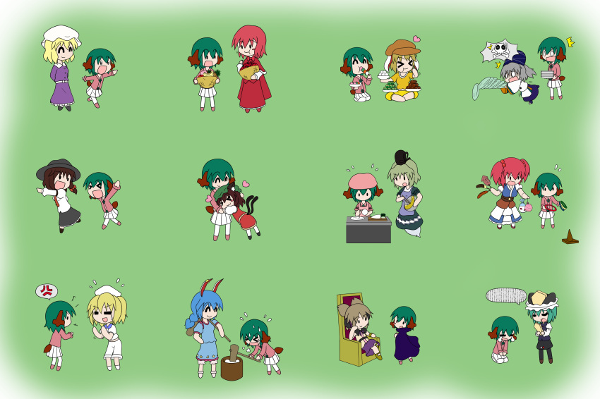 &gt;_&lt; :d :o :t ^_^ absurdres anger_vein animal_ears apple banana basket blonde_hair blue_hair blush_stickers brown_hair bunny_ears cape cat_ears cat_tail chair chen chibi chin_rest chopsticks closed_eyes cooking dango dropping eating falling flying_sweatdrops food fruit ghost_tail green_background green_hair grey_hair hair_bobbles hair_ornament happy hat head_scarf headphones highres hug kasodani_kyouko kitashirakawa_chiyuri long_hair looking_back mallet maribel_hearn mob_cap mochi mononobe_no_futo multiple_tails multiple_views okazaki_yumemi onozuka_komachi open_mouth outstretched_arms peach pineapple plate playing_games pointing rakugaki-biyori red_hair ringo_(touhou) rod_of_remorse scolding seiran_(touhou) shaded_face shiki_eiki short_hair simple_background sitting skull_and_crossbones smile soga_no_tojiko spoken_anger_vein spread_arms standing standing_on_one_leg strawberry tail tears touhou touhou_(pc-98) toyosatomimi_no_miko tripping twintails usami_renko v-shaped_eyebrows wagashi water_balloon x3