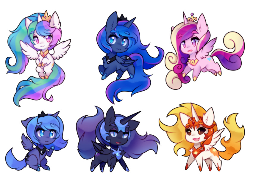 2018 alpha_channel black_sclera blue_eyes blue_hair chibi cute cutie_mark daybreaker_(mlp) digital_media_(artwork) equine feathered_wings feathers female feral friendship_is_magic group hair horn mammal multicolored_hair multicolored_tail my_little_pony nightmare_moon_(mlp) princess_cadance_(mlp) princess_celestia_(mlp) princess_luna_(mlp) purple_eyes raikissu simple_background smile transparent_background winged_unicorn wings