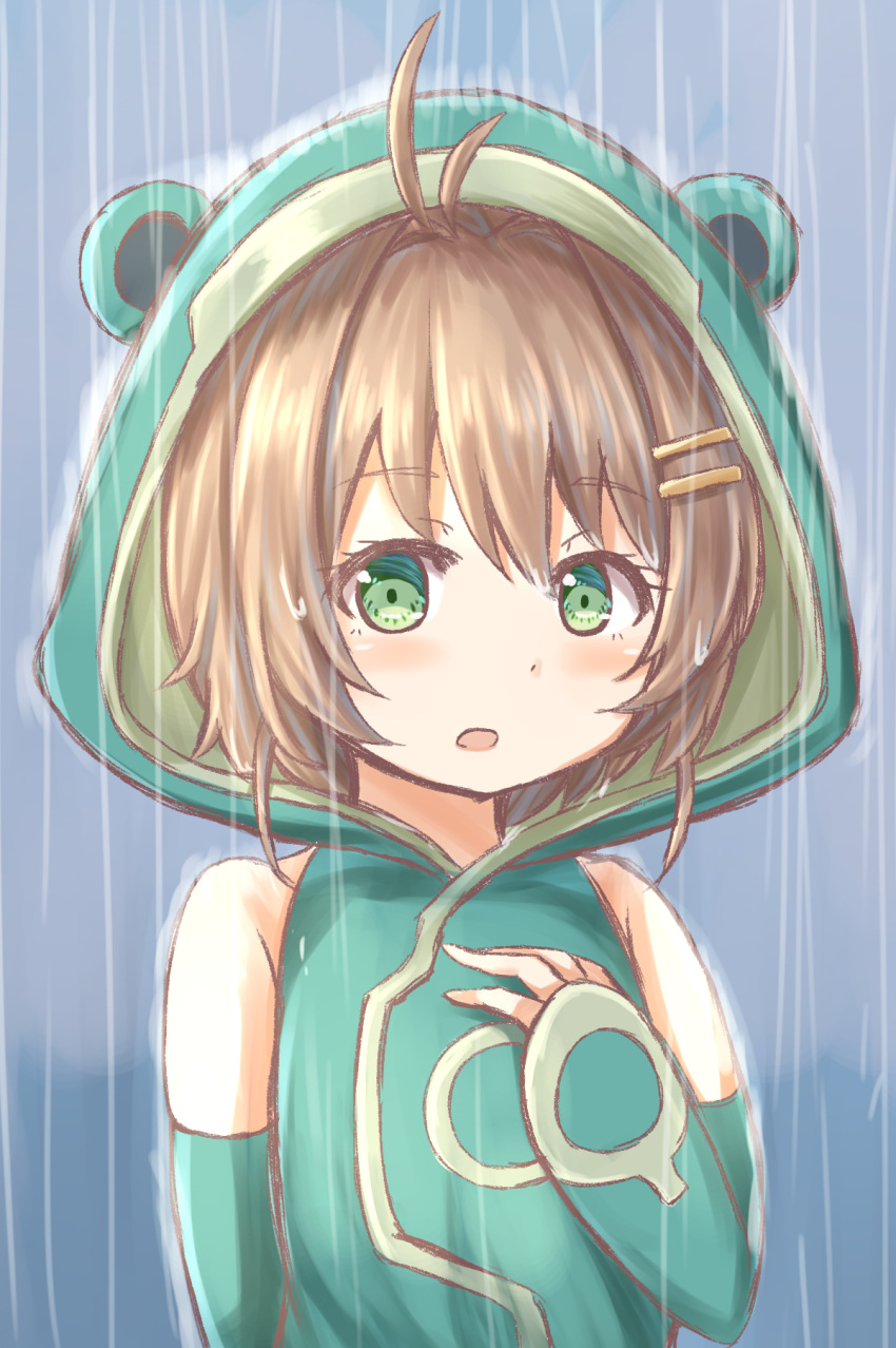 antenna_hair bangs bare_shoulders blush brown_hair cardcaptor_sakura detached_sleeves eyebrows_visible_through_hair frog_eyes frog_raincoat green_eyes hair_between_eyes hair_ornament hairclip highres hood hood_up keiran_(ryo170) kinomoto_sakura long_sleeves outdoors parted_lips rain raincoat sleeveless sleeves_past_wrists solo