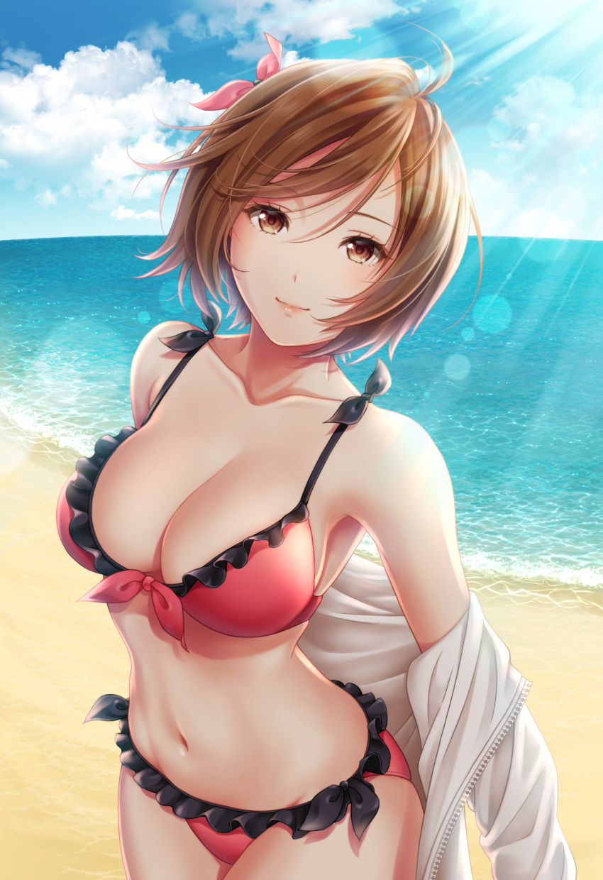 asami_(undoundo) bare_shoulders beach bikini blue_sky breasts brown_eyes brown_hair cleavage clothes_down cloud cloudy_sky collarbone commentary_request cowboy_shot day frilled_bikini frills groin hair_ribbon highres jacket large_breasts light_rays looking_at_viewer meiko navel ocean open_clothes open_jacket outdoors project_diva_(series) red_bikini ribbon short_hair sky smile solo swimsuit unzipped vocaloid white_jacket
