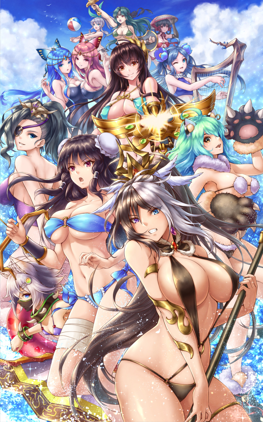 ahoge animal_ears ball bandages beachball bikini black_hair blue_eyes blue_hair breasts brown_eyes brown_hair eyepatch flower gloves green_hair grey_hair hair_flower hair_ornament harp hat heterochromia highres instrument long_hair looking_at_viewer multicolored_hair multiple_girls paw_gloves paws purple_eyes red_eyes red_hair ryou_(pix_gallerio) smile swimsuit sword water weapon white_hair yellow_eyes