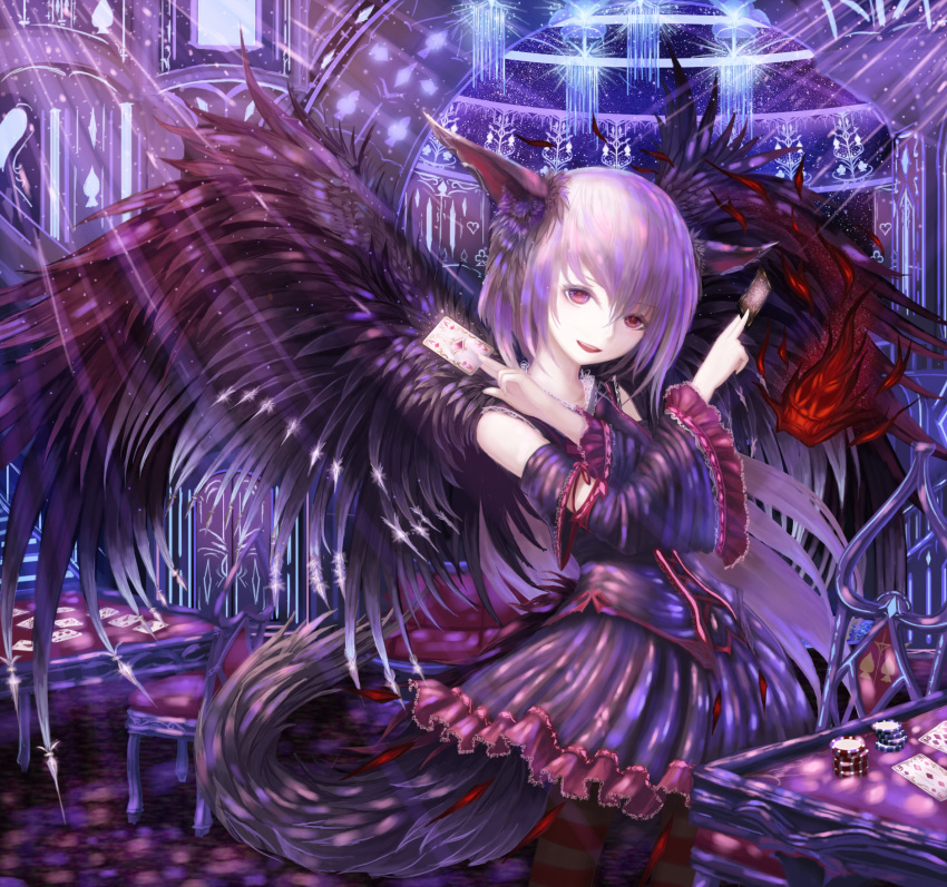 :d animal_ears black_wings borrowed_character card chair chandelier crossed_arms detached_sleeves fire hands_up highres indoors jewelry light_beam long_hair necklace open_mouth original playing_card poker_chip red_eyes rinmmo skirt smile solo stairs standing striped striped_legwear table tail white_hair wide_sleeves wings