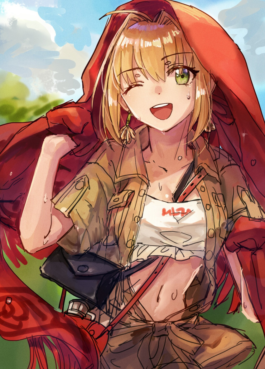;d ahoge bag bandeau bangs between_breasts blonde_hair blue_sky breasts brown_jacket cloud cloudy_sky collarbone commentary_request day earrings eyebrows_visible_through_hair fate/grand_order fate_(series) green_eyes hair_between_eyes hair_intakes hand_up head_tilt highres holding jacket jewelry mento navel nero_claudius_(fate) nero_claudius_(fate)_(all) one_eye_closed open_clothes open_jacket open_mouth outdoors short_sleeves shoulder_bag sketch sky smile solo strap_cleavage sweat white_bandeau