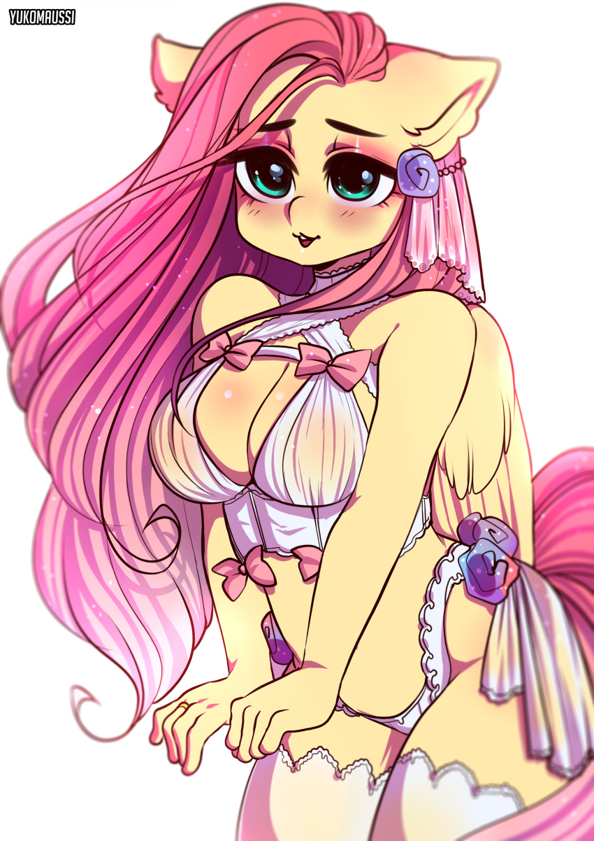 2018 :3 absurd_res anthro blush bow breasts cleavage clothed clothing cute equine eyebrows eyelashes eyeshadow feathered_wings feathers female floppy_ears fluttershy_(mlp) friendship_is_magic hair hi_res legwear lingerie long_hair makeup mammal mascara my_little_pony open_mouth open_smile panties pegasus pink_hair portrait pose simple_background smile solo standing stockings teal_eyes teeth thick_thighs thigh_highs three-quarter_portrait underwear white_background wings yellow_feathers yukomaussi