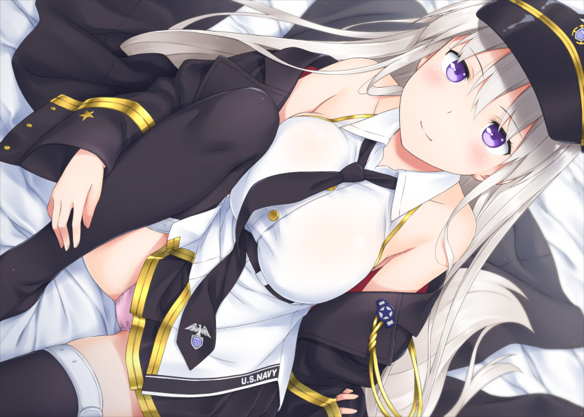 azur_lane belt black_belt black_coat black_neckwear coat collared_shirt enterprise_(azur_lane) eyebrows_visible_through_hair hat kirisawa_shinji military military_hat miniskirt necktie open_clothes open_coat panties pantyshot peaked_cap purple_eyes shirt silver_hair skirt sleeveless sleeveless_shirt underbust underwear white_hat