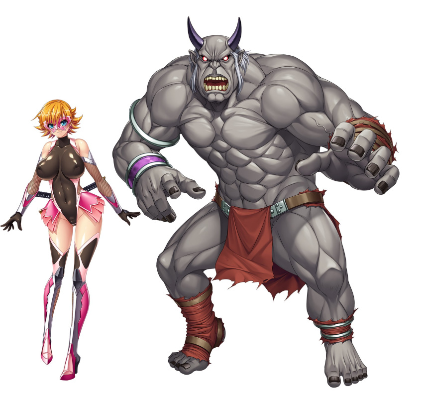 1boy 1girl angry bare_shoulders blonde_hair blue_eyes bodysuit breasts creature curvy female full_body gauntlets giant igawa_sakura kagami_hirotaka knife large_breasts leotard lilith-soft looking_at_viewer mask monster muscle nipples no_bra orc shiny shiny_skin short_hair simple_background skirt smile solo standing taimanin_(series) taimanin_asagi taimanin_asagi_zero weapon white_background