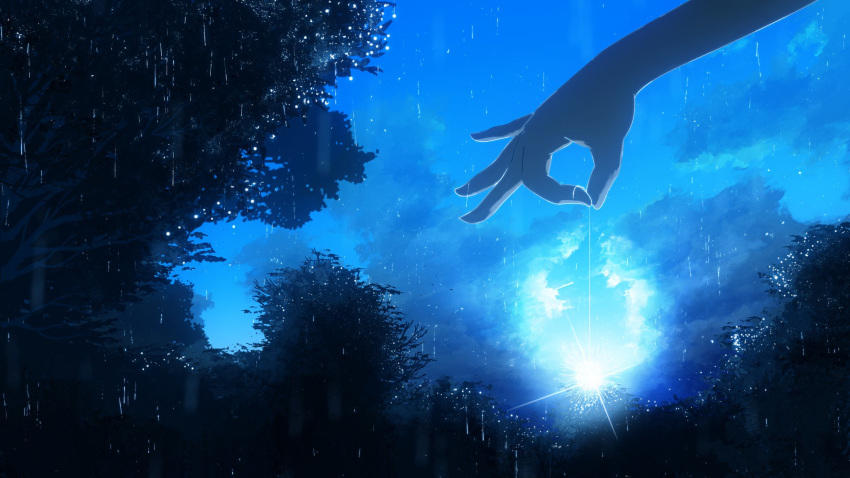 1other ambiguous_gender backlighting blue blue_sky cloud cloudy_sky diffraction_spikes forest hands head_out_of_frame highres holding light_rays monochrome nature ok_sign original outdoors rain sky solo tree tree_branch water y_y_(ysk_ygc)