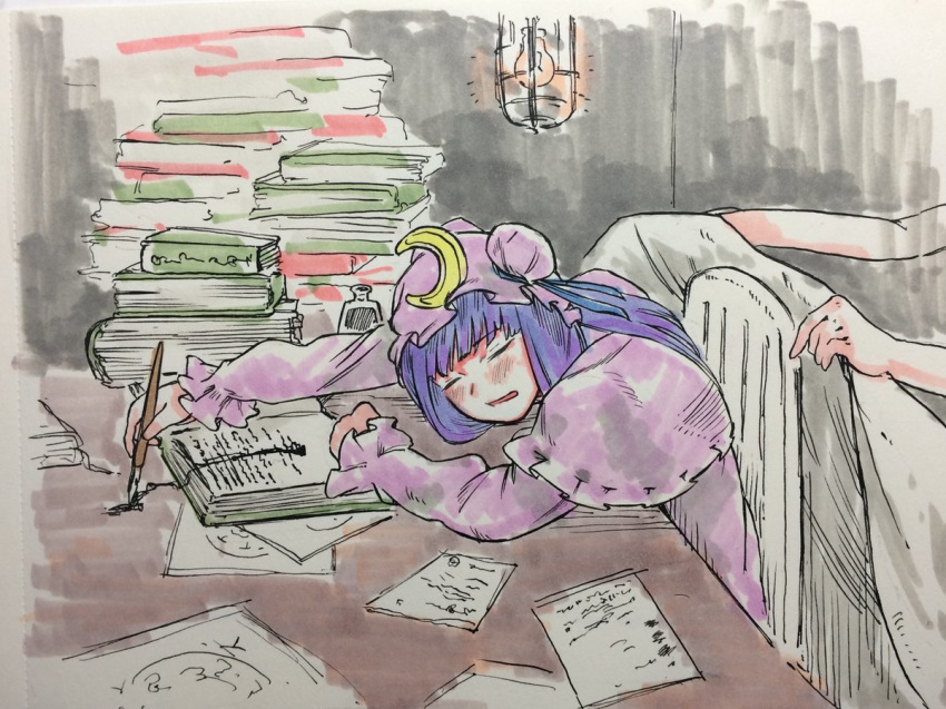 bangs blue_ribbon blush book crescent crescent_hair_ornament fountain_pen frilled_sleeves frills hair_ornament hat holding holding_pen indoors ink_bottle light_bulb long_hair long_sleeves misohagi mob_cap open_mouth paper patchouli_knowledge pen purple_hair ribbon sitting sleeping table touhou writing