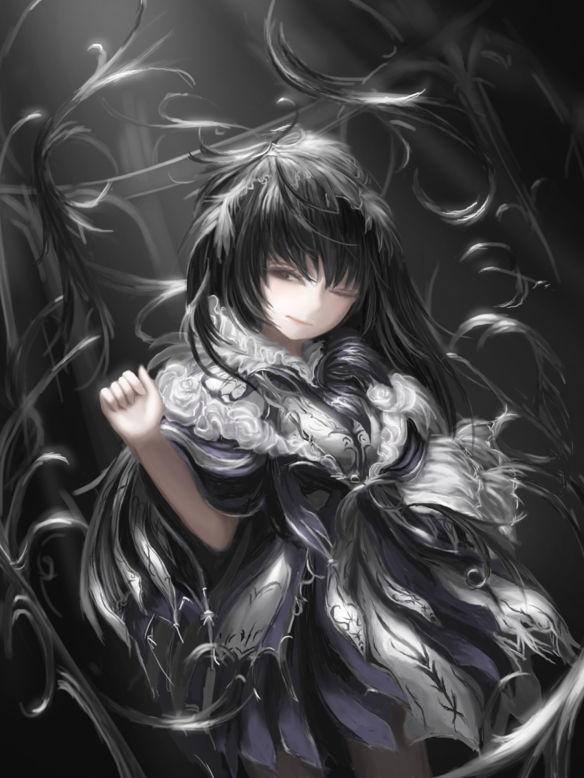 ;| black black_eyes black_hair commentary dark_background dress hand_up highres long_hair looking_at_viewer original rinmmo short_sleeves solo standing very_long_hair