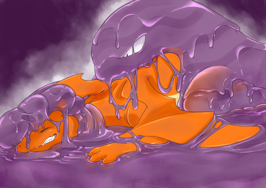 2017 3_fingers absorption_vore ambiguous_gender charizard claws digital_drawing_(artwork) digital_media_(artwork) dragon duo eyes_closed goo_creature mammal muk nintendo nude open_mouth plus-alpha pok&eacute;mon pok&eacute;mon_(species) purple_background shiny simple_background slime teeth video_games vore wings