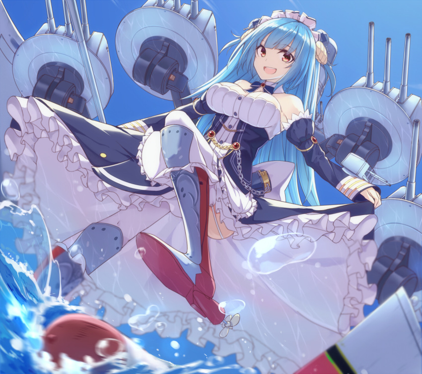 armored_boots azur_lane blue_hair boots breasts cannon commentary day detached_sleeves hair_ornament large_breasts long_hair looking_down mag_(mag42) maid_headdress neptune_(azur_lane) open_mouth red_eyes sky solo torpedo water water_drop weapon