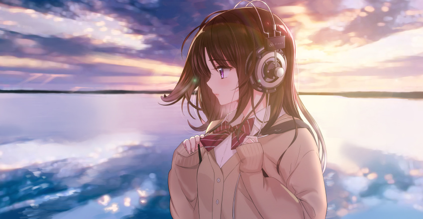 backpack bag bangs bow brown_cardigan brown_hair cardigan closed_mouth cloud cloudy_sky collared_shirt commentary diagonal_stripes eyebrows_visible_through_hair fingernails hands_up headphones highres lake long_hair long_sleeves original outdoors profile purple_eyes red_bow shirt sky sleeves_past_wrists solo striped tsukigami_runa white_shirt