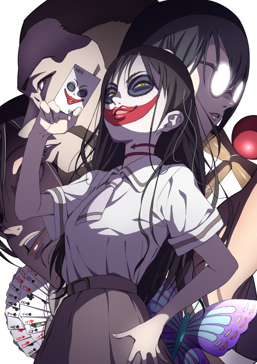 asobi_asobase black_hair brown_eyes brown_skirt bug butterfly card character_request club_(shape) collared_shirt diamond_(shape) glasses hand_on_hip heart highres holding honda_hanako insect joker_card kendama long_hair looking_at_viewer makeup messy_hair miyagi_ruka necktie nomura_kasumi number parted_lips playing_card round_eyewear school_uniform shirt short_sleeves simple_background skirt smile spade_(shape) standing v-shaped_eyebrows very_long_hair white_background white_shirt wing_collar