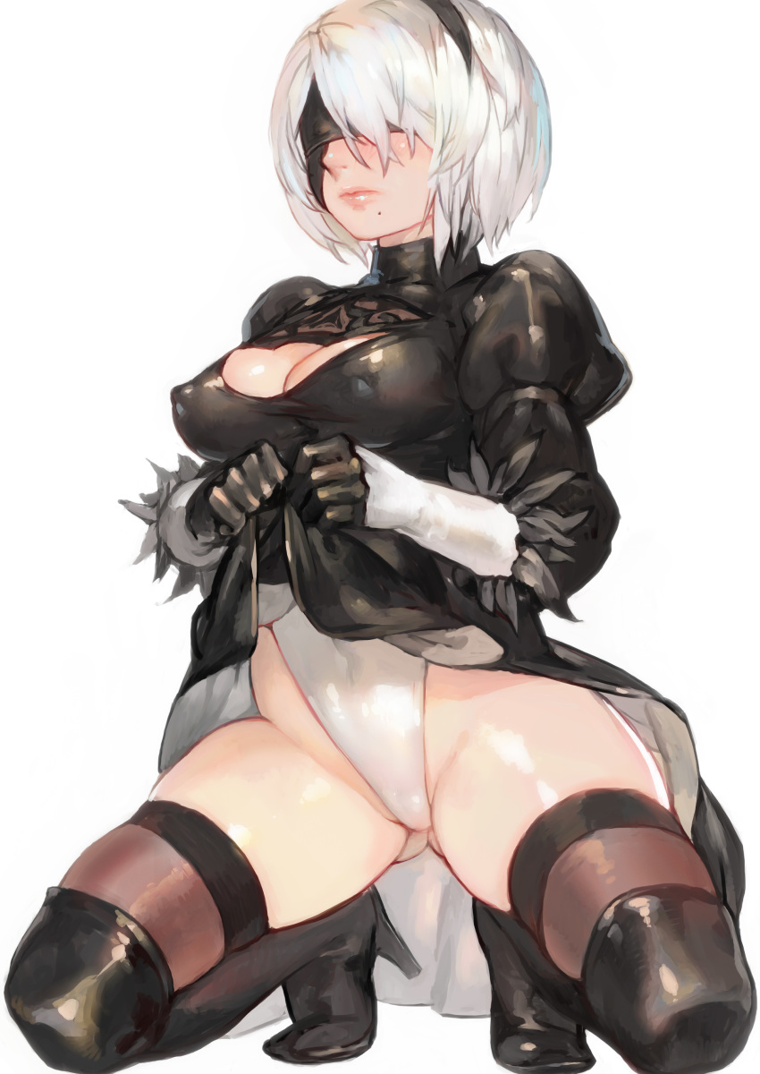 absurdres aoin ass_visible_through_thighs black_gloves black_legwear blindfold blush bob_cut breasts cleavage cleavage_cutout covered_navel gloves hair_over_one_eye hairband highleg highleg_leotard highres juliet_sleeves kneeling leotard long_sleeves medium_breasts mole mole_under_mouth nier_(series) nier_automata non-web_source puffy_sleeves short_hair silver_hair simple_background skirt skirt_lift solo thighhighs yorha_no._2_type_b