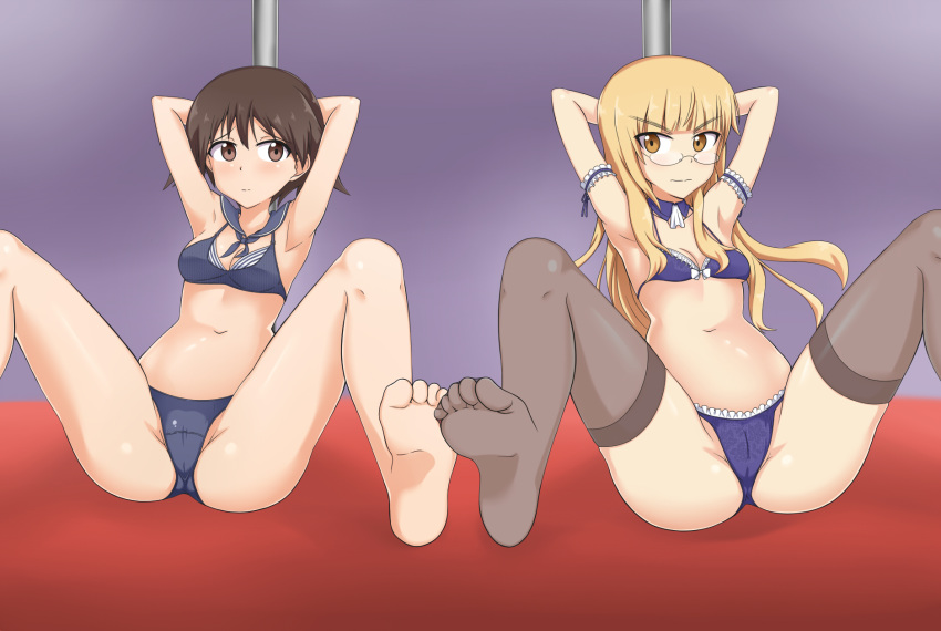 black_legwear blonde_hair blush breasts brown_eyes brown_hair cameltoe commentary_request glasses groin highres looking_at_another miyafuji_yoshika multiple_girls navel nomad_(mjauharazhar) perrine_h_clostermann small_breasts spread_legs strike_witches thighhighs wavy_mouth world_witches_series yellow_eyes