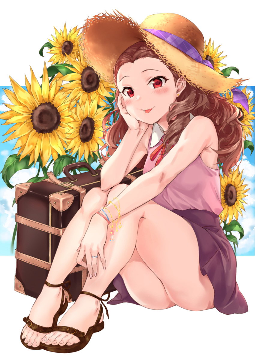 ankles argyle arm_rest armpit_peek belt blush bracelet breasts brown_footwear brown_hair brown_skirt casual cloud cloudy_sky collared_shirt curly_hair day earrings eyelashes fingernails flower forehead full_body hand_on_leg hand_on_own_cheek hat hat_ribbon highres idolmaster idolmaster_cinderella_girls jewelry knees_up legs_together long_hair looking_at_viewer mary_janes neck_ribbon outside_border pink_shirt purple_ribbon red_eyes red_neckwear red_ribbon ribbon ring sandals seki_hiromi shirt shoes sirurabbit sitting skirt skirt_set sky sleeveless sleeveless_shirt small_breasts smile solo square straw_hat suitcase sunflower toenails toes tongue tongue_out upskirt white_background