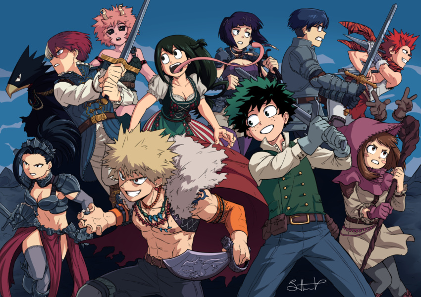 6_boys 6_girls armor ashido_mina asui_tsuyu bakugo_katsuki black_eyes black_hair blonde_hair blue_hair boku_no_hero_academia breasts brown_hair cape cleveage fanart fantasy fumikage_tokoyami gloves green_eyes green_hair hagakure_toru hat iida_tenya invisible kirishima_eijirou knights long_hair magic medieval midoriya_izuku multicolored_hair multiple_boys multiple_girls pink_hair pink_skin ponytail purple_hair red_hair short_hair sword todoroki_shouto unseriousguy urakaka_ochako wand weapon white_hair wizard