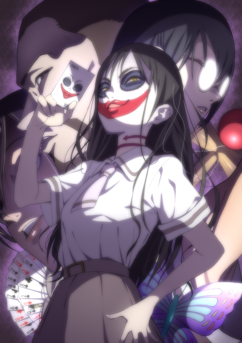 asobi_asobase black_hair brown_eyes brown_skirt bug butterfly card character_request club_(shape) collared_shirt diamond_(shape) glasses hand_on_hip heart highres holding honda_hanako huge_filesize insect joker_card kendama long_hair looking_at_viewer makeup messy_hair miyagi_ruka necktie nomura_kasumi number parted_lips playing_card round_eyewear school_uniform shirt short_sleeves skirt smile spade_(shape) standing v-shaped_eyebrows very_long_hair white_shirt wing_collar