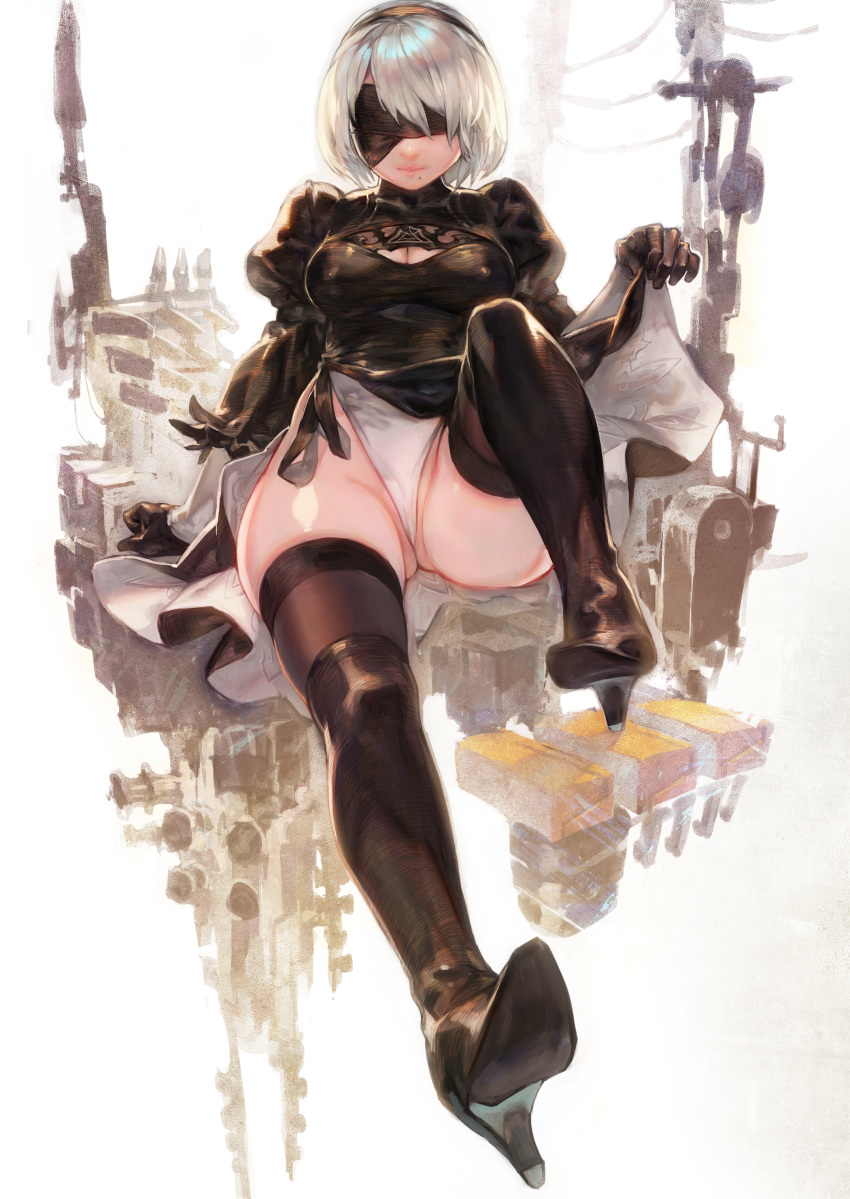 absurdres aoin black_dress black_footwear black_legwear blindfold boots breasts cleavage dress elbow_gloves gloves high_heel_boots high_heels highres large_breasts leotard mole mole_under_mouth nier_(series) nier_automata non-web_source partially_visible_vulva silver_hair skirt skirt_lift solo thigh_boots thighhighs white_leotard yorha_no._2_type_b