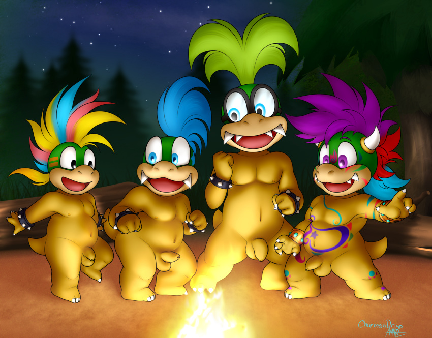 anthro balls campfire casual_nudity charmandrigo dancing flaccid foreskin iggy_koopa koopaling larry_koopa lemmy_koopa male mario_bros naturist night nintendo nude penis rodri_koopa shell_less tribal tribe uncut video_games