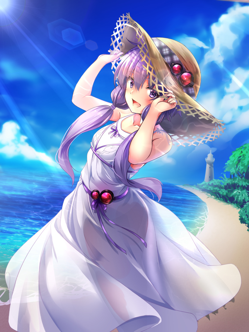 :d bangs bare_arms bare_shoulders beach blue_sky blush bug_(artist) collarbone day dress hair_between_eyes hands_on_headwear hat highres lens_flare lighthouse long_hair looking_at_viewer ocean open_mouth outdoors purple_eyes purple_hair see-through sky smile solo straw_hat sun_hat vocaloid voiceroid water white_dress yuzuki_yukari