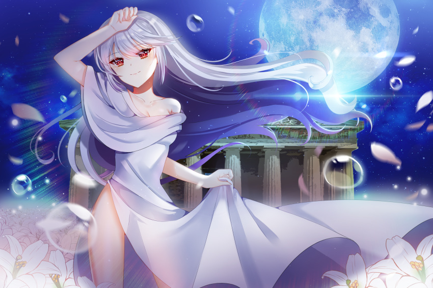 arm_up bad_id bad_pixiv_id bare_hips breasts cleavage collarbone dress ecu8080 eyebrows_visible_through_hair floating_hair flower full_moon grisaia_(series) grisaia_no_kajitsu hair_between_eyes head_tilt highres kazami_kazuki lily_(flower) long_dress long_hair medium_breasts moon night outdoors petals red_eyes see-through_silhouette shiny shiny_hair silver_hair skirt_hold sky smile solo standing star_(sky) starry_sky very_long_hair white_dress white_flower