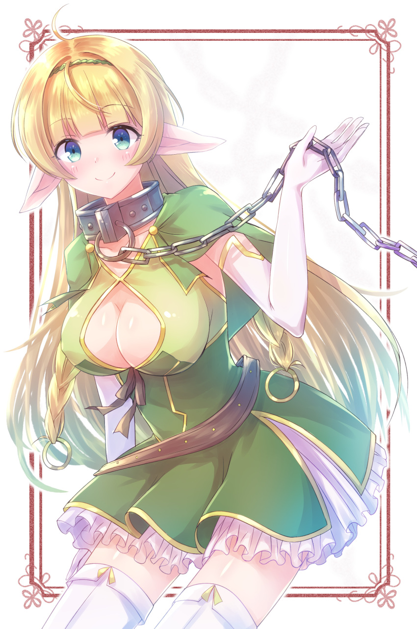 absurdres blonde_hair blue_eyes blush boots breasts chain cleavage cleavage_cutout collar commentary_request dress elbow_gloves elf gloves gold_trim green_dress hairband highres isekai_maou_to_shoukan_shoujo_dorei_majutsu long_hair looking_at_viewer metal_collar nyaa_(nnekoron) pale_color pointy_ears shera_l_greenwood smile solo thigh_boots thighhighs white_gloves white_legwear