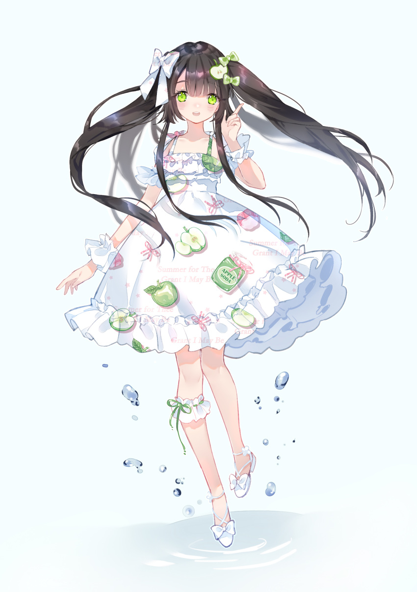 :d absurdres ankle_strap apple_hair_ornament apple_print bangs bow dress droplet food_print food_themed_hair_ornament full_body green_bow green_eyes hair_bow hair_ornament hand_up highres index_finger_raised jar leg_garter lolita_fashion long_hair open_mouth original petticoat print_dress ribbon_trim round_teeth smile solo standing standing_on_one_leg teeth twintails unmoving_pattern upper_teeth white_bow white_footwear wrist_cuffs yuzhi