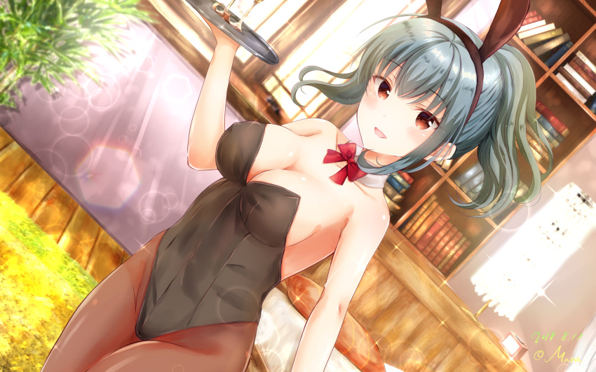 :d animal_ears black_leotard bow bowtie breasts brown_eyes bunny_ears bunny_girl bunny_tail bunnysuit cleavage commentary_request cowboy_shot detached_collar girlfriend_(kari) green_hair highres leotard looking_at_viewer masa_(mirage77) open_mouth pantyhose ponytail red_neckwear shinomiya_risa short_hair smile solo strapless strapless_leotard tail wrist_cuffs