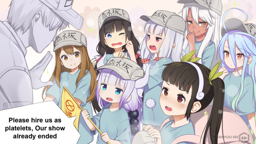 6+girls ahoge angry backpack bag bangs baseball_cap beads black_eyes black_hair blue_eyes blue_hair blue_shirt blunt_bangs blush bobby_socks brown_eyes brown_hair brown_hat cheek_pinching child chloe_von_einzbern cosplay crossover dark_skin dragon_girl dragon_horns embarrassed english eyebrows_visible_through_hair fate/kaleid_liner_prisma_illya fate_(series) flag flat_cap gradient_hair hachikuji_mayoi hair_beads hair_between_eyes hair_ornament hair_ribbon hairband hat hataraku_saibou highres hinatsuru_ai holding horns hoshimiya_kate kanna_kamui kobayashi-san_chi_no_maidragon lavender_hair long_hair looking_at_another low_twintails meme monogatari_(series) multicolored_hair multiple_crossover multiple_girls naganawa_maria no_game_no_life odd_one_out one_eye_closed open_mouth paavuchi pinching platelet_(hataraku_saibou) platelet_(hataraku_saibou)_(cosplay) purple_hair red_eyes ribbon ryuuou_no_oshigoto! seiyuu_connection sekai_seifuku:_bouryaku_no_zvezda shiro_(no_game_no_life) shirt short_sleeves silver_hair simple_background smile smirk socks tail tan twintails u-1146 very_long_hair white_blood_cell_(hataraku_saibou) white_hair white_hat white_skin wince yellow_eyes yellow_ribbon