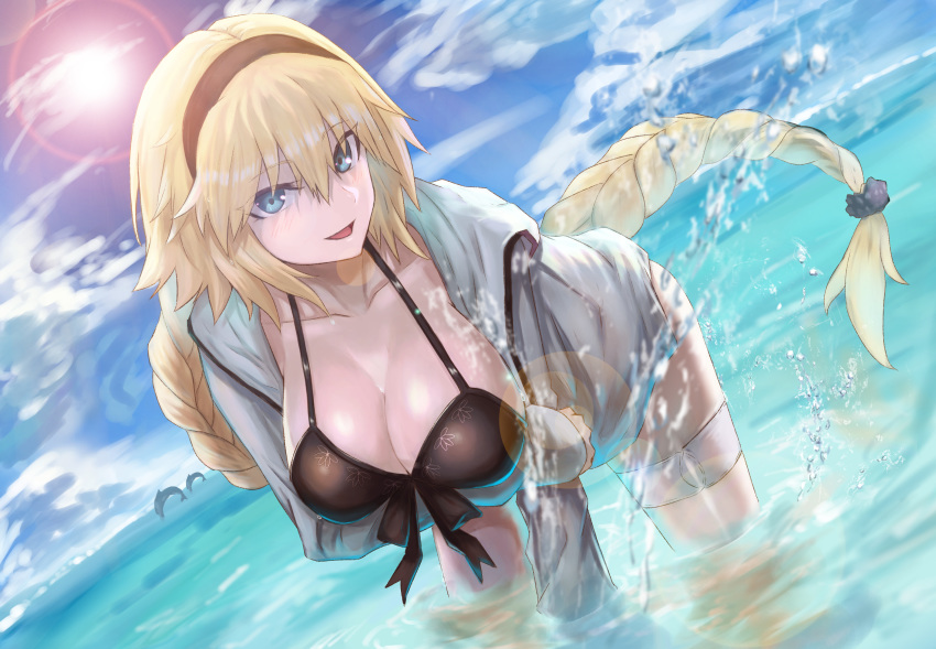 1girl :d absurdres bikini black_bikini black_headband blonde_hair blue_eyes blue_hoodie breasts cleavage cloud collarbone commentary_request day dolphin fate/grand_order fate_(series) fifty1202 highres hood hood_down jeanne_d'arc_(fate)_(all) jeanne_d'arc_(swimsuit_archer) large_breasts leaning_forward lens_flare long_hair looking_at_viewer ocean open_mouth partially_submerged smile solo splashing sun sunlight swimsuit thigh_strap very_long_hair