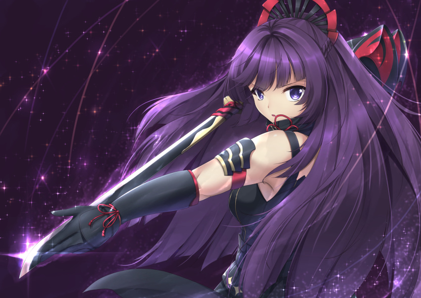 arm_guards bangs benghuai_xueyuan black_gloves blue_eyes braid breasts commentary english_commentary eyebrows_visible_through_hair fighting_stance french_braid from_behind gatotsu_stance glint gloves hair_ornament high_collar holding holding_sword holding_weapon honkai_impact light_trail long_hair looking_at_viewer looking_back medium_breasts outstretched_arm purple_background purple_hair raiden_mei red_ribbon ribbon sheita shiny shiny_hair sidelocks solo sparkle sword tassel upper_body v-shaped_eyebrows very_long_hair weapon