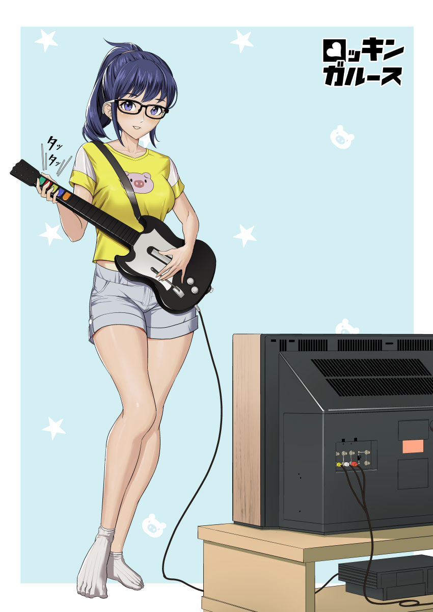 absurdres black-framed_eyewear blue_background blue_eyes blue_hair full_body goodotaku grey_shorts guitar guitar_hero highres instrument looking_at_viewer medium_hair shirt shorts smile socks solo standing t-shirt television white_legwear yellow_shirt