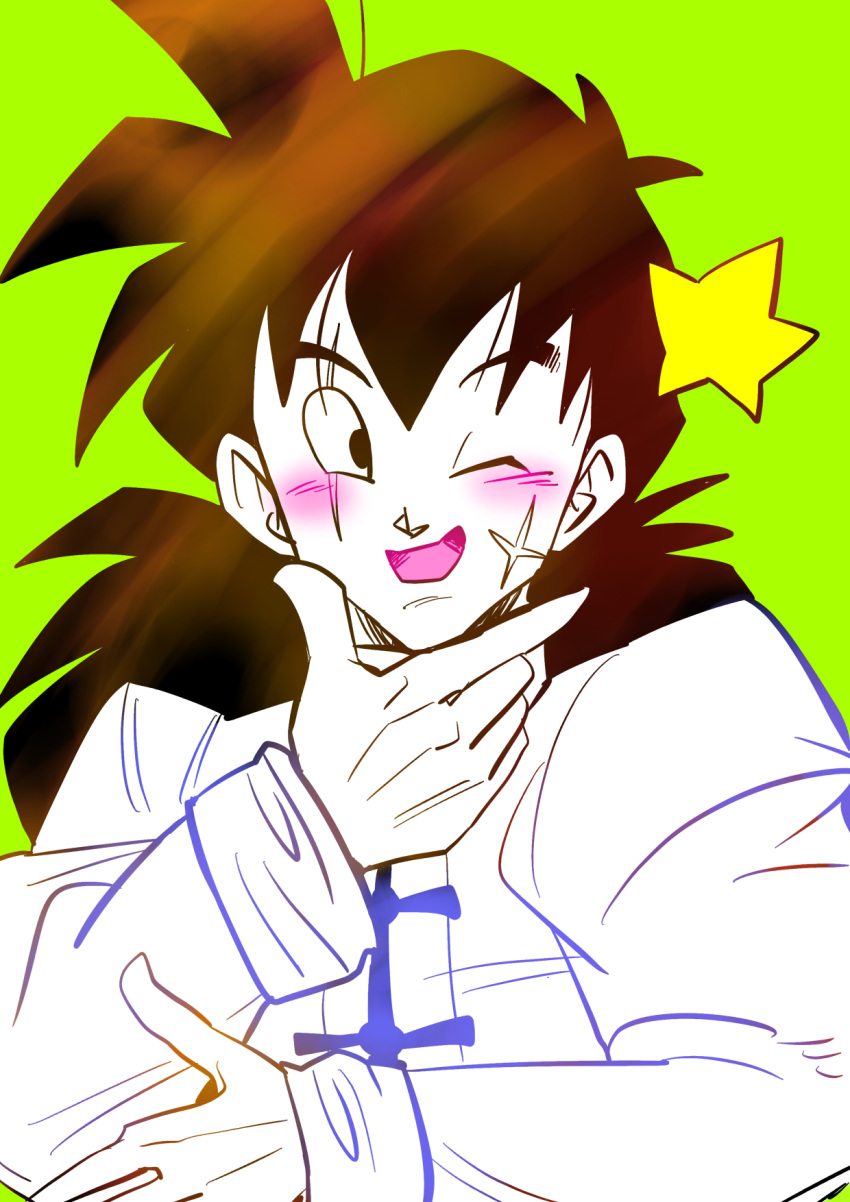 ;d black_eyes black_hair blush chinese_clothes close-up dragon_ball dragon_ball_z gradient green green_background hand_on_own_chin happy highres long_hair long_sleeves looking_away male_focus one_eye_closed open_mouth scar shirt simple_background smile solo star tetsuyo upper_body white_shirt yamcha yellow