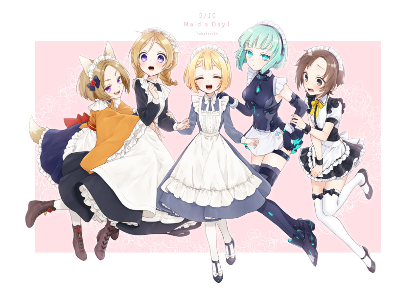 animal_ears apron black_eyes blonde_hair braid brown_hair closed_eyes cyborg dress frills goshi-san green_eyes green_hair long_dress maid maid_apron maid_cap maid_day maid_headdress multiple_girls open_mouth original pantyhose purple_eyes short_hair tail thighhighs twin_braids wide_sleeves