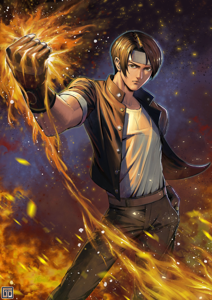 absurdres belt brown_eyes brown_hair brown_jacket brown_pants clenched_hand fingerless_gloves fire gloves goodotaku hand_up headband highres jacket kusanagi_kyou looking_at_viewer male_focus pants shirt snk solo t-shirt the_king_of_fighters watermark white_headband white_shirt