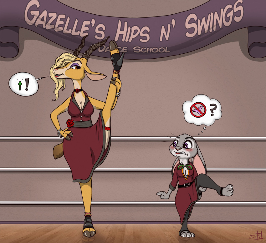 2018 3_fingers amber_eyes antelope anthro breasts clothed clothing digital_media_(artwork) disney dress ears_down female fur gazelle gazelle_(zootopia) grey_fur hooves horn hyenatig_(artist) judy_hopps lagomorph mammal multicolored_fur rabbit raised_leg zootopia