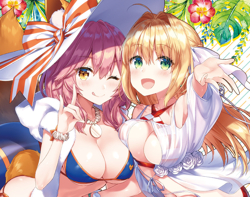:d ;q animal_ear_fluff animal_ears bangs bikini bikini_top blonde_hair blue_bikini blush breast_press breasts brown_eyes cleavage collarbone commentary_request criss-cross_halter eyebrows_visible_through_hair fate/grand_order fate_(series) fingernails flower fox_ears fox_tail green_eyes halterneck hat hood hood_down jewelry large_breasts looking_at_viewer masuishi_kinoto multiple_girls necklace nero_claudius_(fate)_(all) nero_claudius_(swimsuit_caster)_(fate) one_eye_closed open_mouth outstretched_hand pink_hair ribbon see-through shiny shiny_hair simple_background smile striped striped_bikini swimsuit tail tamamo_(fate)_(all) tamamo_no_mae_(swimsuit_lancer)_(fate) tongue tongue_out upper_body