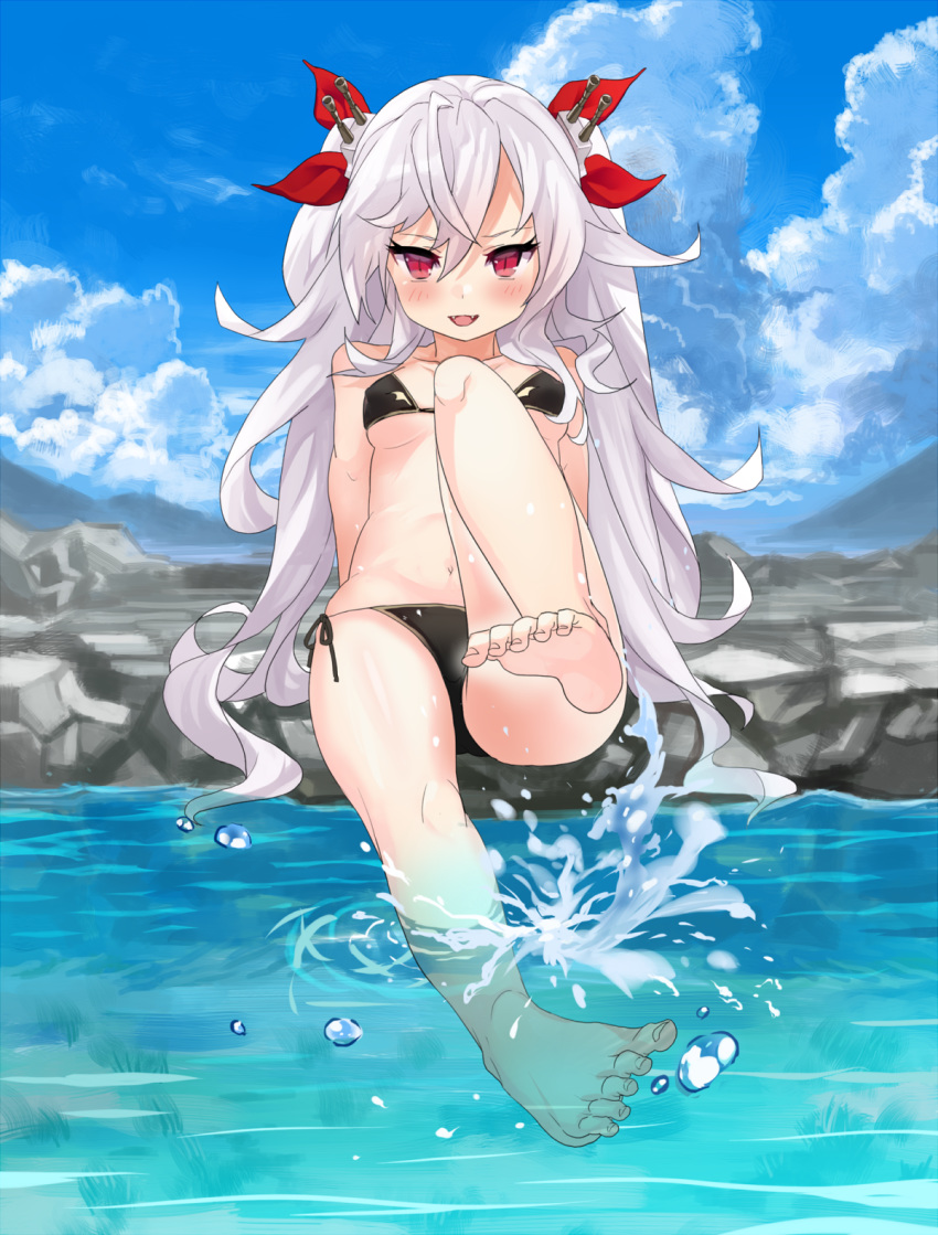 :d azur_lane bangs bare_legs bare_shoulders barefoot bikini black_bikini blue_sky blush breasts cloud cloudy_sky commentary_request covered_nipples day eyebrows_visible_through_hair fangs feet hair_between_eyes hair_ornament hair_ribbon highres long_hair medium_breasts navel okbnkn open_mouth outdoors red_eyes red_ribbon ribbon rock side-tie_bikini silver_hair sky smile soaking_feet soles solo swimsuit toenails vampire_(azur_lane) very_long_hair water