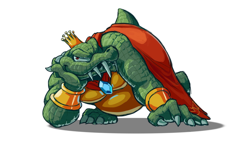 all_fours anthro barefoot cape claws clothing crocodilian crown donkey_kong_(series) fangs headgear hi_res king king_k_rool kremling looking_at_viewer male musclegut nintendo open_mouth pecs pose red_eyes reptile royalty scalie scarvii sharp_claws sharp_teeth simple_background smile solo teeth toe_claws video_games white_background