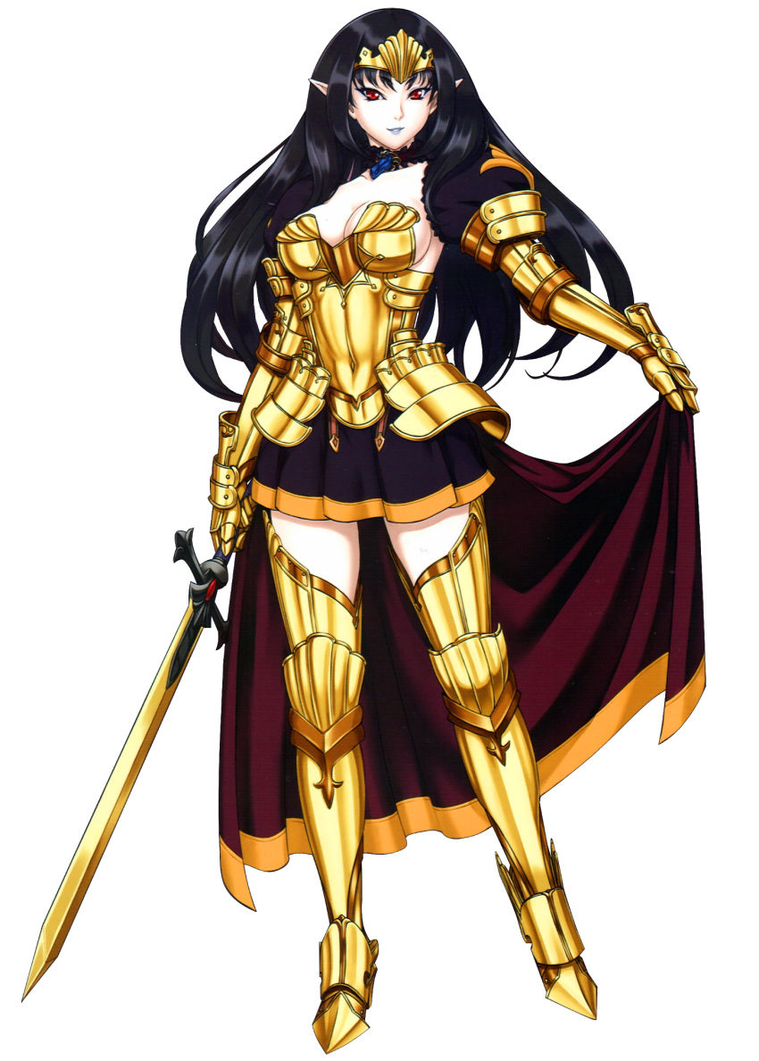 10s 1girl alternate_color annelotte armor armored_dress black_background black_hair black_skirt breasts cape cape_lift cleavage corruption dark_persona demon demon_annelotte eiwa elbow_gloves fantasy female full_body gauntlets gloves gold_armor gold_sword golden_sword greaves grey_lipstick highres holding holding_sword holding_weapon large_breasts lips lipstick long_hair looking_at_viewer makeup multicolored multicolored_clothes multicolored_skirt pale_skin parted_lips pleated_skirt pointy_ears queen's_blade queen's_blade_rebellion red_cape red_eyes simple_background skirt smile solo sword tiara weapon
