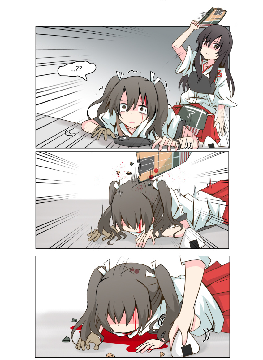 akagi_(kantai_collection) blood blood_on_face blood_splatter comic cyberdemon_no3 empty_eyes flight_deck food hakama_skirt highres hitting injury japanese_clothes kantai_collection long_hair multiple_girls muneate murder onigiri ribbon silent_comic straight_hair tears twintails white_ribbon zuikaku_(kantai_collection)