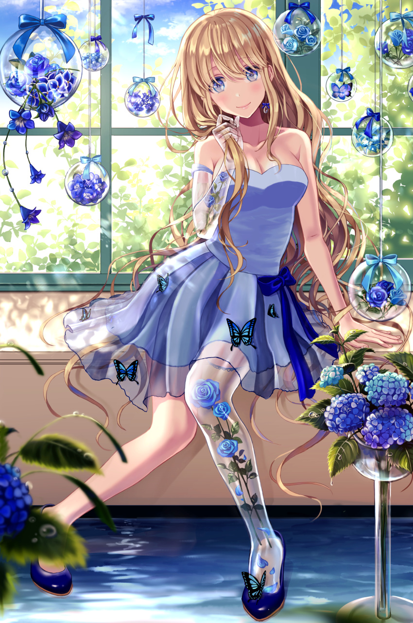 absurdres anko_kinako bare_shoulders blonde_hair blue_dress blue_eyes brown_hair bug butterfly commentary_request dress earrings flower highres hydrangea insect jewelry leaf long_hair original prosthesis sitting window