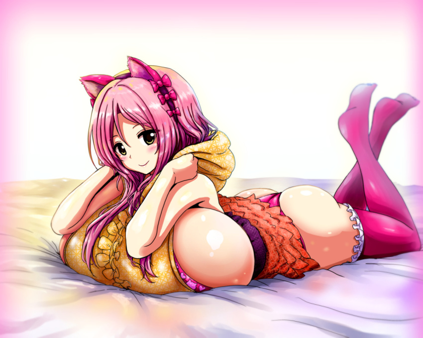 1girl aizawa_momoka animal_ears bed blush breasts btk cat_ears cleavage female full_body gradient gradient_background hair_ornament honoo_no_haramase_paidol_my_star_gakuen_z huge_breasts long_hair looking_at_viewer panties pink_hair pink_legwear pink_panties sideboob smile solo squeez underwear yellow_eyes