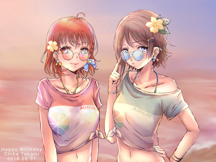 2girls ahoge aqua_nails beach blue_eyes bracelet brown_hair character_name collarbone dated earrings eyebrows_visible_through_hair flower glasses hair_between_eyes hair_flower hair_ornament hand_on_hip happy_birthday hibiscus highres jewelry looking_at_viewer love_live! love_live!_sunshine!! midriff multiple_girls nail_polish navel orange_hair outdoors red_eyes round_eyewear shirt short_hair short_sleeves smile stomach takami_chika tied_shirt upper_body watanabe_you yellow_flower zuzy2525