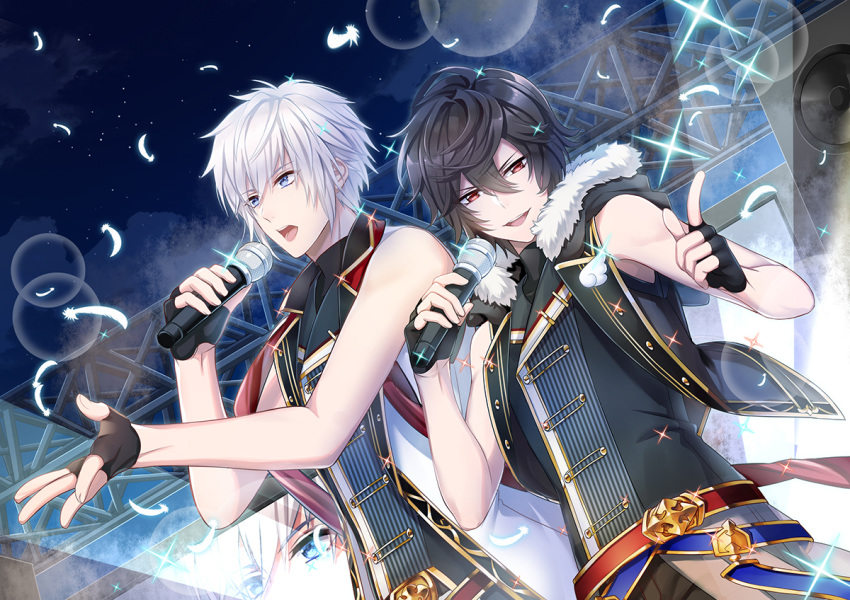 :d black_gloves black_hair blue_eyes dutch_angle fingerless_gloves from_below gloves granblue_fantasy hair_between_eyes holding holding_microphone index_finger_raised jiman looking_at_viewer lucifer_(shingeki_no_bahamut) microphone multiple_boys music night open_mouth outdoors red_eyes sandalphon_(granblue_fantasy) silver_hair singing sky sleeveless smile stage star_(sky) starry_sky white_feathers